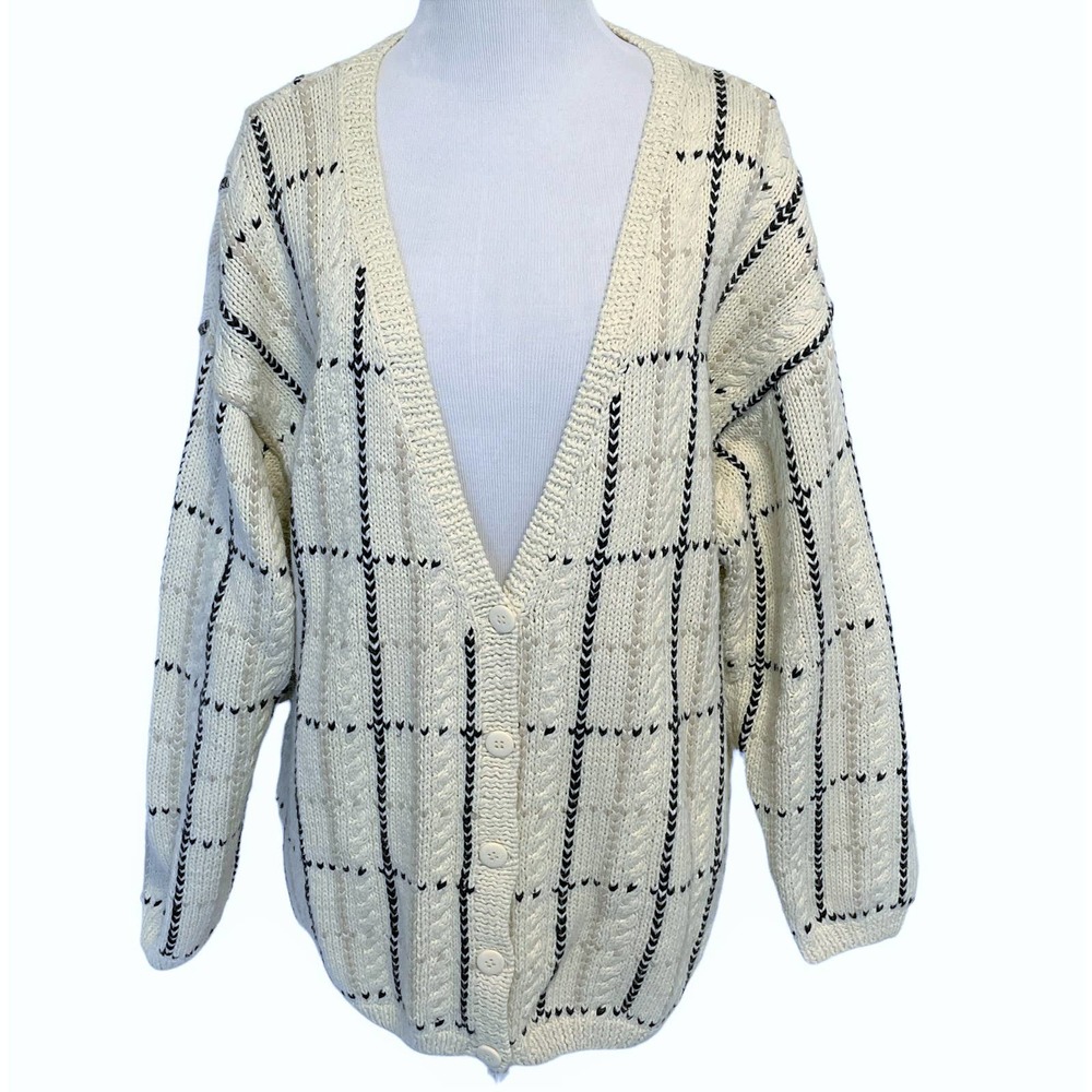 Cambridge Dry Goods Women's Medium V-Neck Cardigan ~ Cream & Black Ramie Cotton